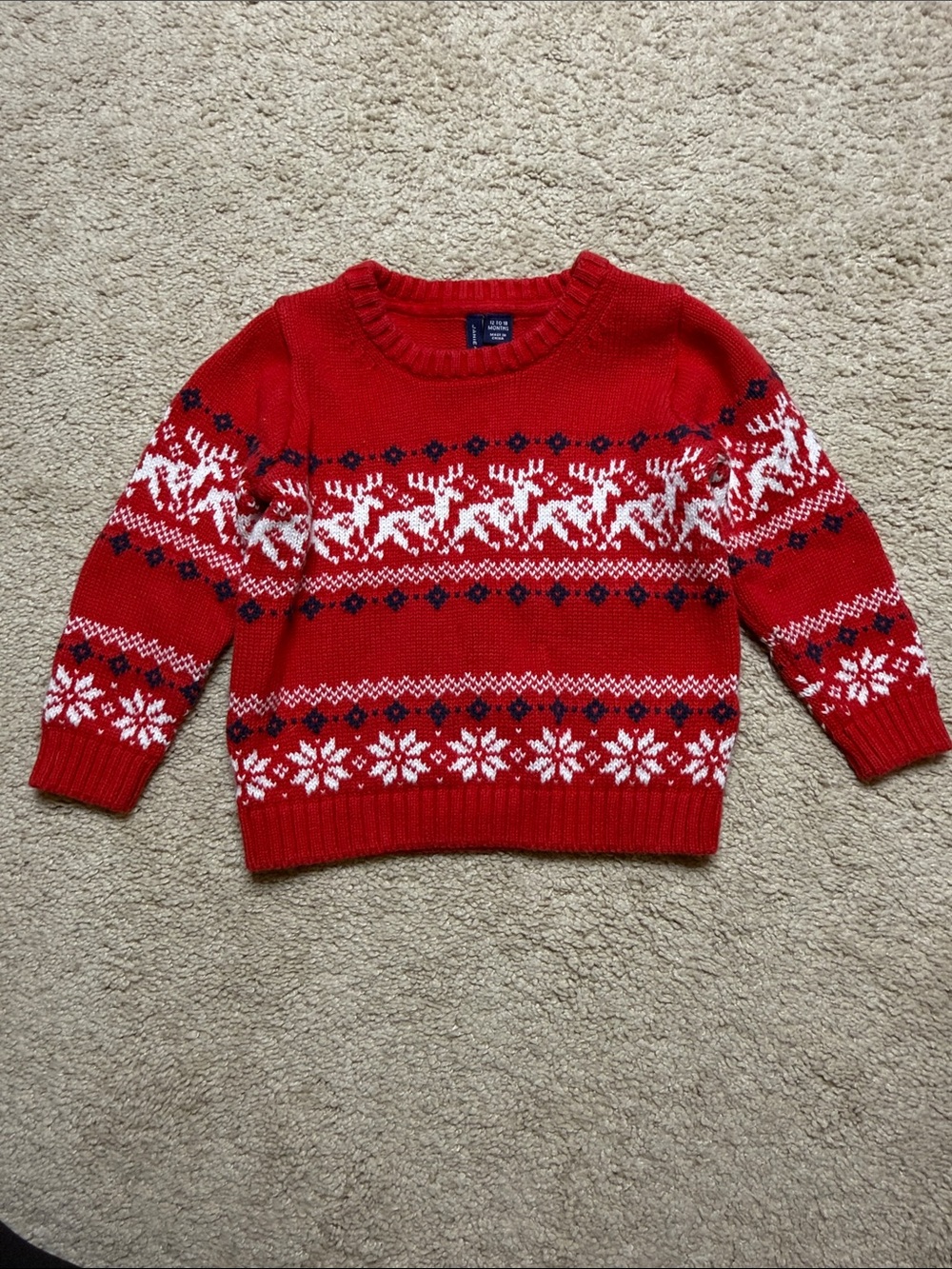 Janie and Jack Red Fair Isle Crewneck Sweater with White & Navy Accents